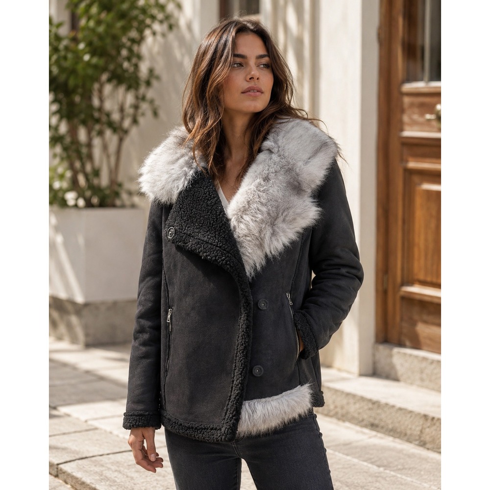 NWT Six Crisp Days Faux Fur Trim Sherpa Motorcycle Jacket M/L Casual Chic Warm